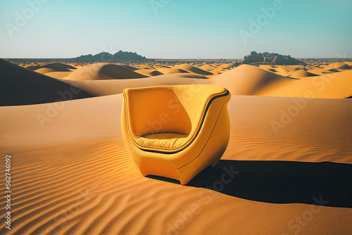 Yellow chair in the middle of the desert. Generative AI