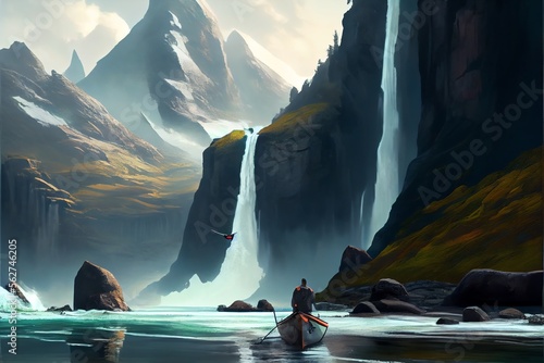 Waterfall in a mountain with a boat and person in a kayak. and a mountain range in the background. Generative AI