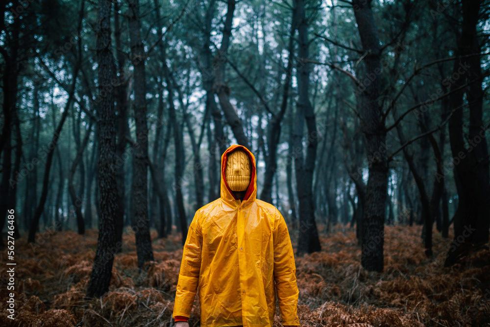 Unrecognizable person in outerwear standing in woods