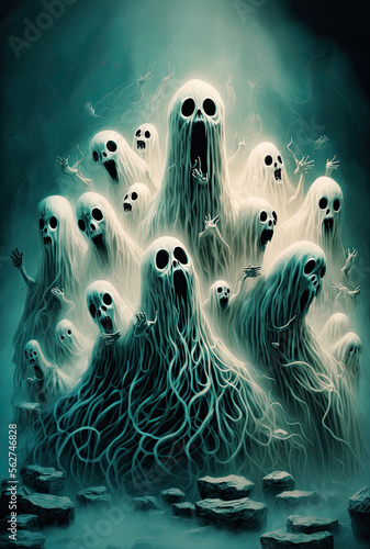 A Giant Pile Of Scary Creepy Ghosts. Generative AI Illustration © Digitale Wanderlust