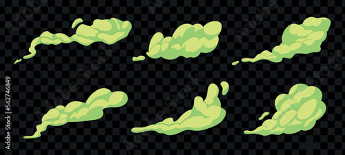 Stinky smoke samples set. Green smelly toxic clouds in cartoon style. Bad aroma stench. Vector isolated illustration