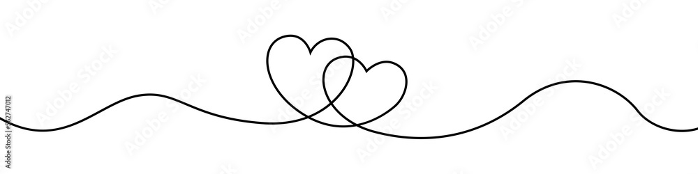 Continuous line drawing of two hearts on transparent background. Banner ...