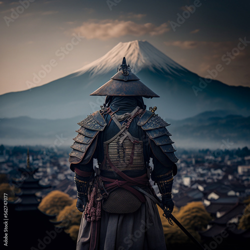 Portrait of a Samurai standing with his back, against the backdrop of a mountain and a city, Japanese medieval warrior in armor, realistic art created by AI