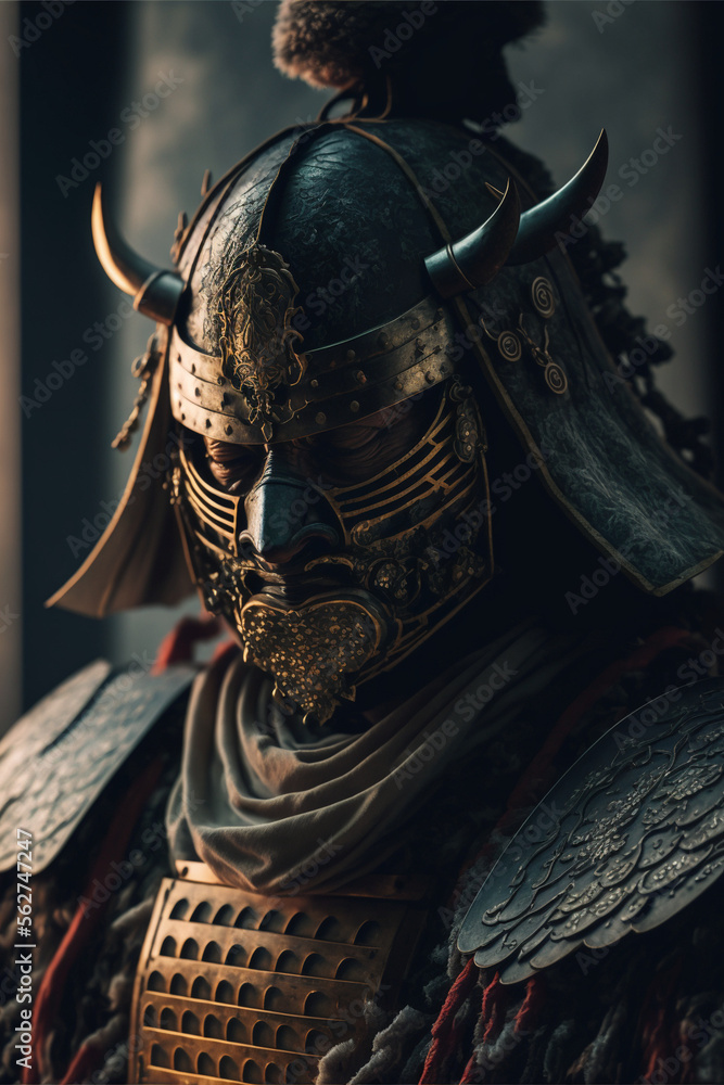 Portrait of a Samurai in a traditional mengu mask, Japanese medieval ...