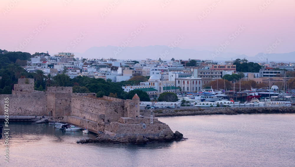 City on the Mediterranean Sea, Rhodes, Greece. Sunset Twilight