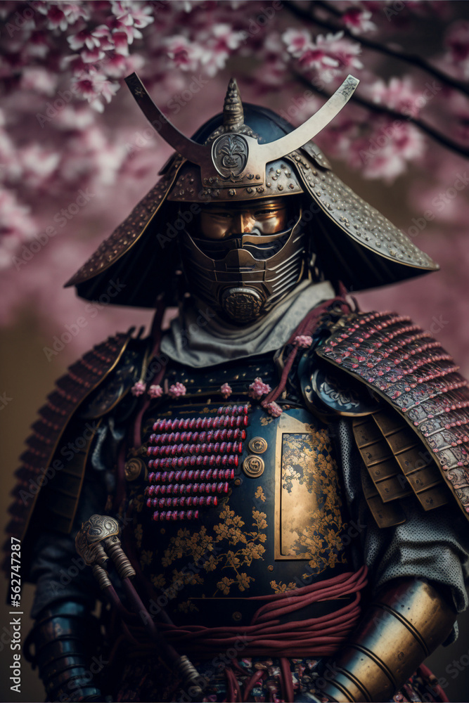 Fototapeta premium Samurai portrait, cherry blossom background, Japanese medieval warrior in armor, realistic ai generated art