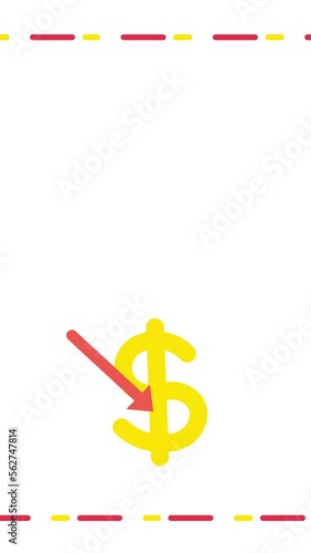 4k vertical video of cartoon dollar and arrow down on white background.