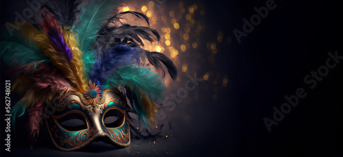 Carnival party. Venetian mask with feathers, copy space, banner. Mardi Gras festival decoration. AI generative