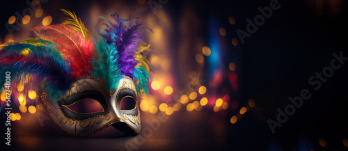 Carnival party. Venetian mask on bokeh background, banner. Mardi Gras festival decoration. AI generative © Rawf8