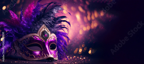 Carnival party. Venetian mask on bokeh background, banner. Mardi Gras festival decoration. AI generative photo