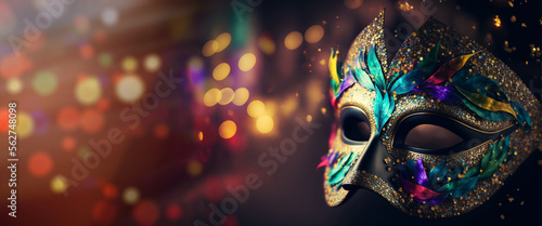 Carnival party. Venetian mask on bokeh background, banner. Mardi Gras festival decoration. AI generative