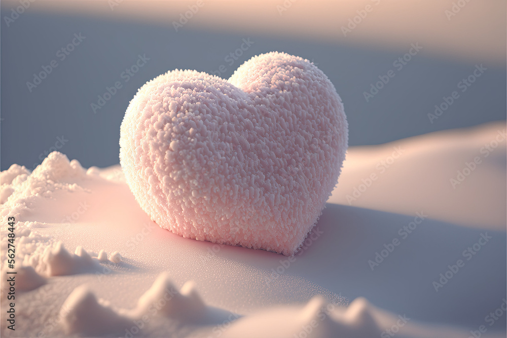 Fototapeta premium A pink snow heart on a pile of snow. Love and outdoors concept. Celebration, Valentine's day. Cute, minimalist, fluffy love symbol. Generative AI