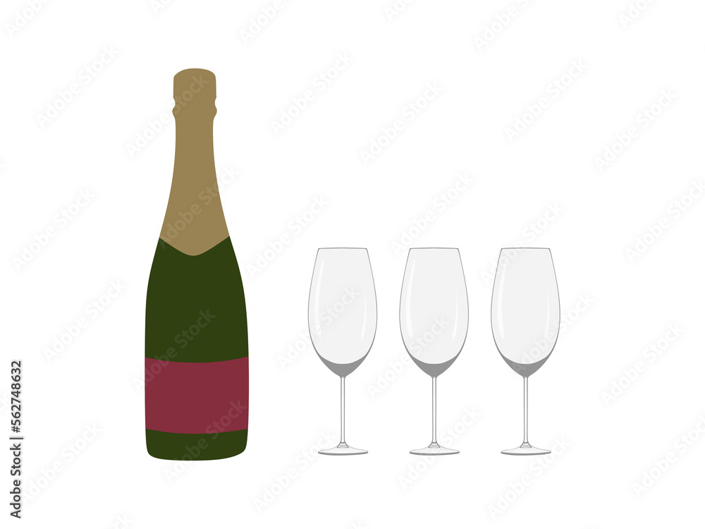 Champagne bottle with glasses in flat illustration. Champagne illustration, celebration of the new year. vector illustration Champagne bottle with glasses in flat illustration. Champagne illustration, celebration of the new year. vector illustration