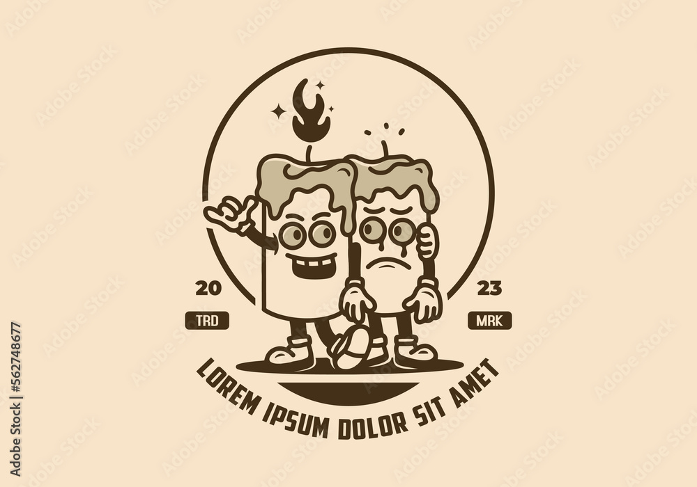 Mascot character badge of two candles standing side by side Mascot character badge of two candles standing side by side