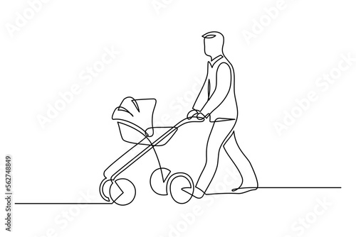 Father on a walk with a baby in continuous line art drawing style. Man pushing baby pram. Black linear sketch isolated on white background. Vector illustration