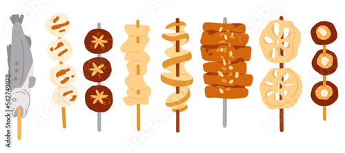 Vector illustration set of cute  doodle asian food yakitori,kushikatsu  for print ,design, greeting card,sticker,icon