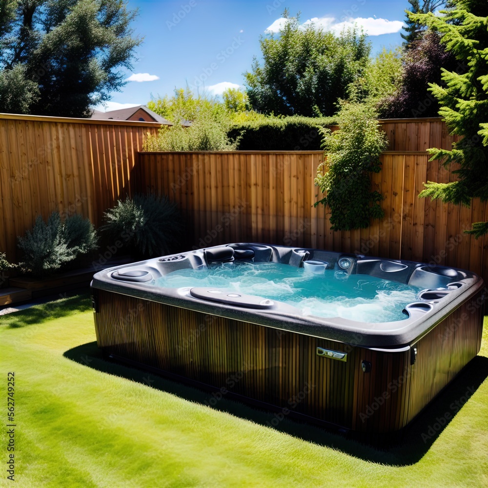 A bubbling hot tub in a backyard. 