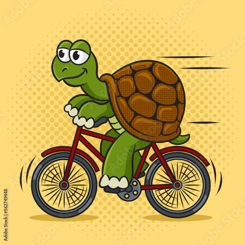 cartoon turtle riding bike pinup pop art retro vector illustration. Comic book style imitation.