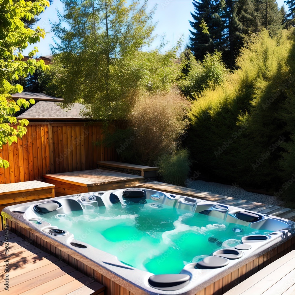 A bubbling hot tub in a backyard. 