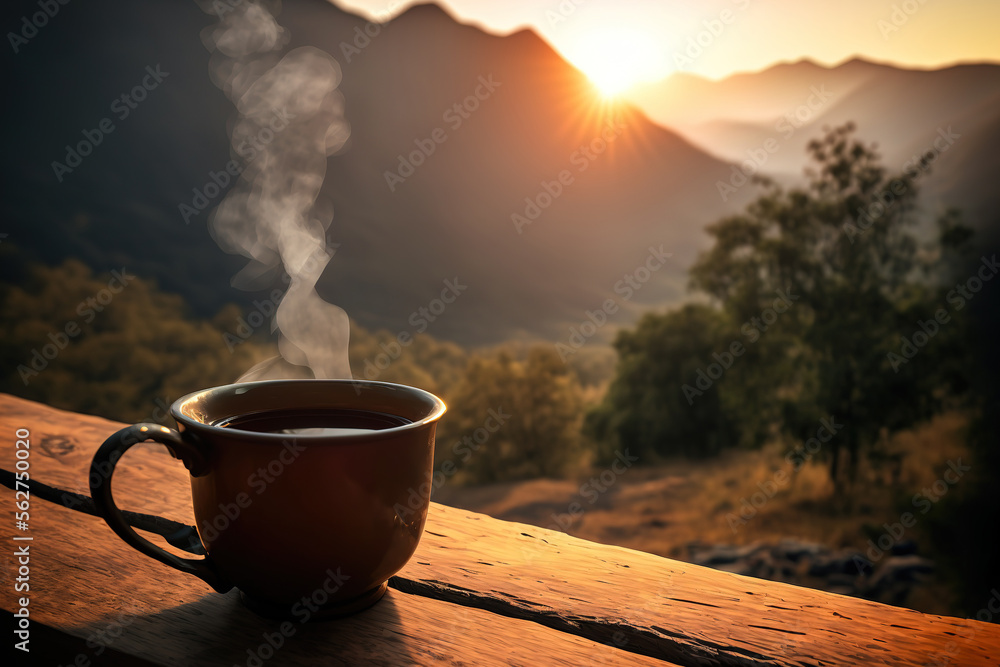 Hot coffee mug on table with high mountain view in the morning. Ai  generated 31708803 Stock Photo at Vecteezy