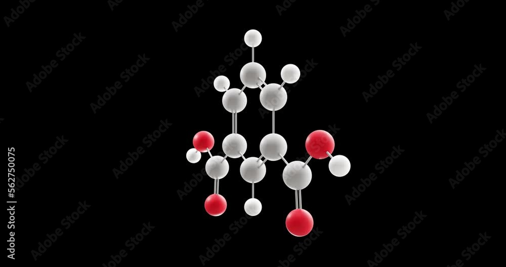 Isophthalic acid molecule, rotating 3D model of PIA, C8H6O4, looped video with alpha channel Isophthalic acid molecule, rotating 3D model of PIA, C8H6O4, looped video with alpha channel