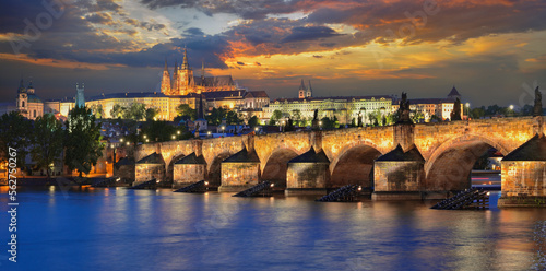 Panorama of the Vltava river, Charles Bridge and St. Vitus Cathedral in Prague in the evening. Karluv Most, Prazsky hrad. Czech Republic.