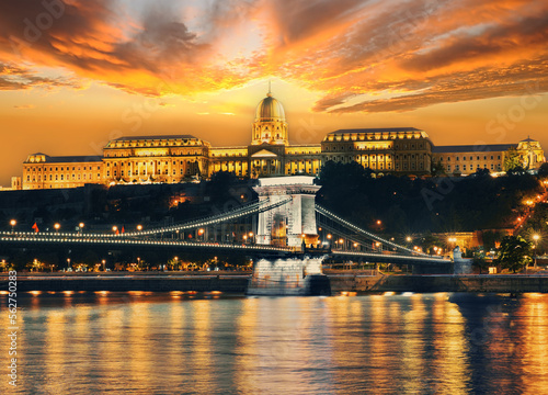 Chain Bridge and Royal Palace in Budapest in the evening