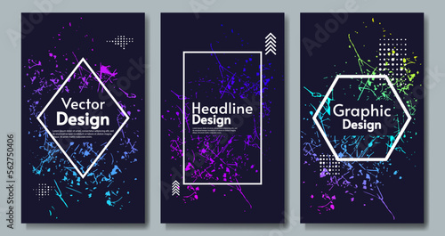 Vector illustration. Set of posters. Art paint splash, brush and scratches with frame. 
