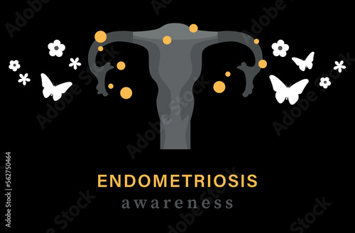 Endometriosis awareness background. Uterus with flower and butterfly