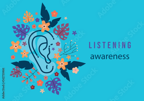 Hearing awareness, world map. International Ear Care Day.  Ear and flower. Medical background vector illustration