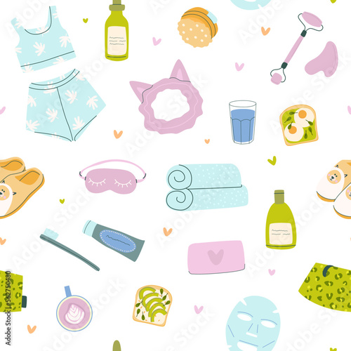 Flat vector seamless pattern of morning routine. Facial massager, glass of water, toothpaste and brush, breakfast, sandwiches. Cute design for wrapping paper and wallpaper on a white background.