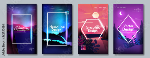 Set of landscapes with neon frames. Vector illustration. Design for cover, brochure, invitation, greeting and touristic cards.