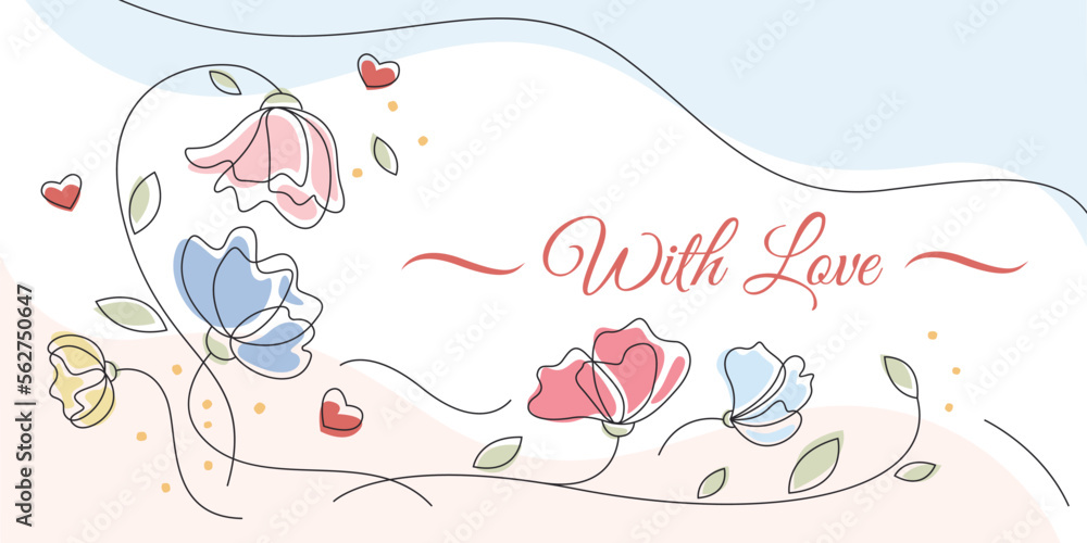 Beautiful background with flowers, hearts, love. Greeting card with flowers and hearts. With love.