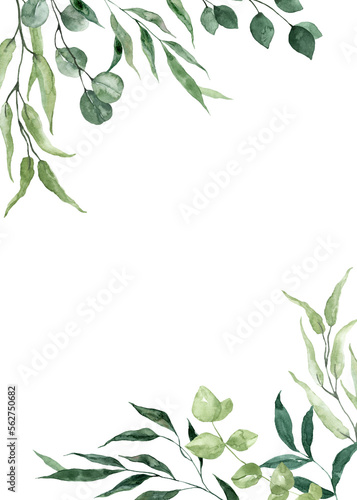 Watercolor botanical frame. Green leaf and forest foliage corner border. Floral painting. PNG clipart on transparent background.