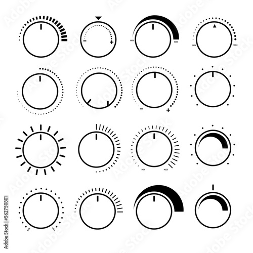 Round adjustment dial. Regulator knob, volume level and analog Min Max dials. lack and white backgrounds vector set PNG