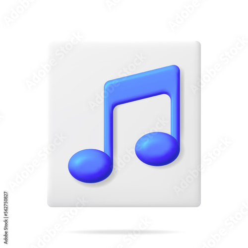 3D Music Note Icon Isolated on White. Render Button with Music Symbol. Note Realistic Design In Plastic Style. Musical Note, Sound, Song or Noise Sign. Vector illustration