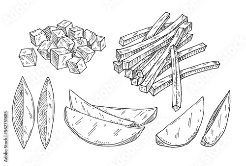 Slice cube fresh potato. Vintage engraving vector black illustration. Isolated on white