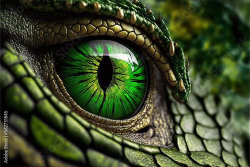 a closeup of a green dragon with a green eye. Generative AI