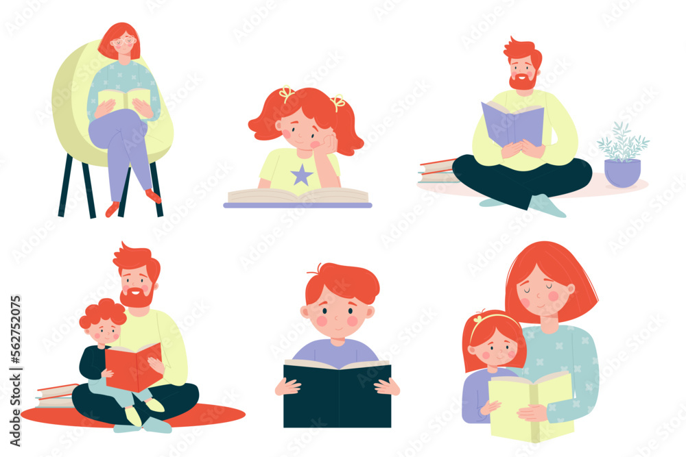 Fototapeta premium Set of different illustration of parents and children reading a book. Vector