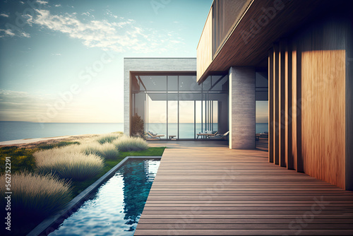 a modern beachfront home with a decking pool and plants. Generative AI