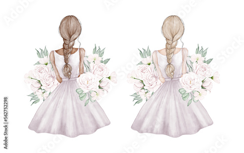 Girl back with light and dark skine. Flowers roses with leaves