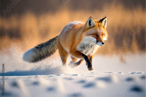 a red fox walks over snow in winter. Generative AI
