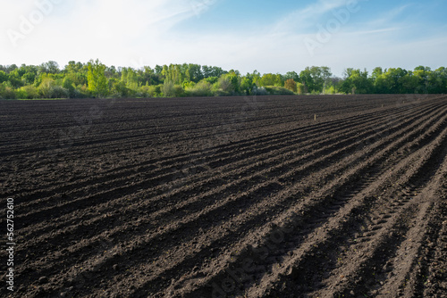 A field of black soil. Ploughed field in spring. Agricultural background. Arable land.