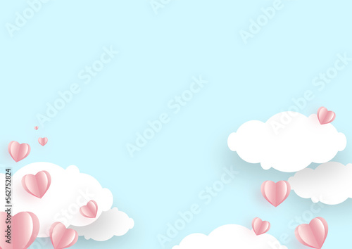 Pink hearts cloud on soft blue color background, border, copy space. Valentine day concept for design.