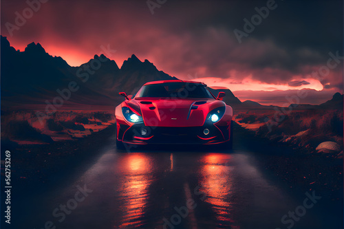 red sports car in the evening, generative ai