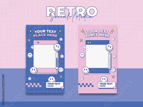 Linear stories templates. Social media set design. Abstract retro aesthetic groovy pink and blue