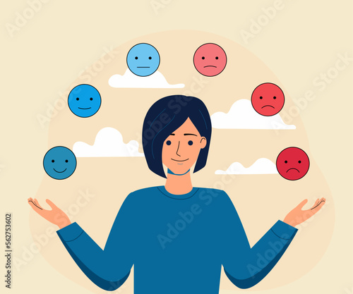 Woman juggling emoticons. Mood control, emotion intelligence, feeling balance concept. Mindfulness, self work and psychology
