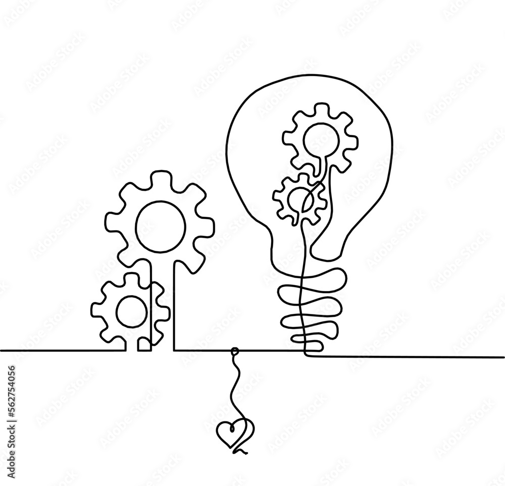 Abstract round metal gears wheels with light bulb and heart as line drawing on white background. Concept of teamwork. Vector Abstract round metal gears wheels with light bulb and heart as line drawing on white background. Concept of teamwork. Vector