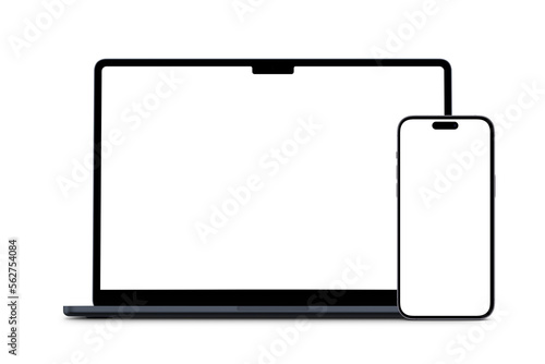 Isolated laptop and phone front view