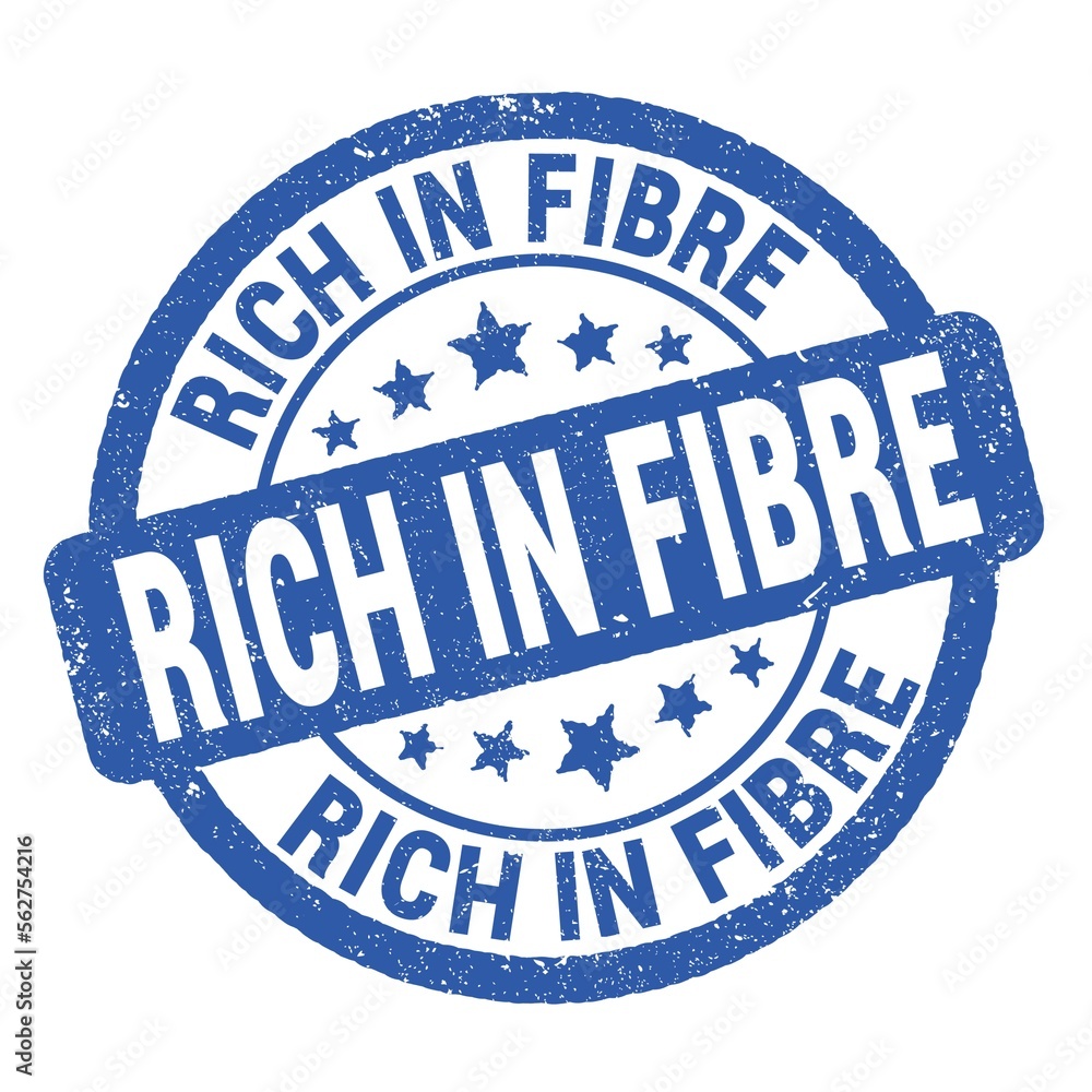 RICH IN FIBRE text written on blue round stamp sign. RICH IN FIBRE text written on blue round stamp sign.